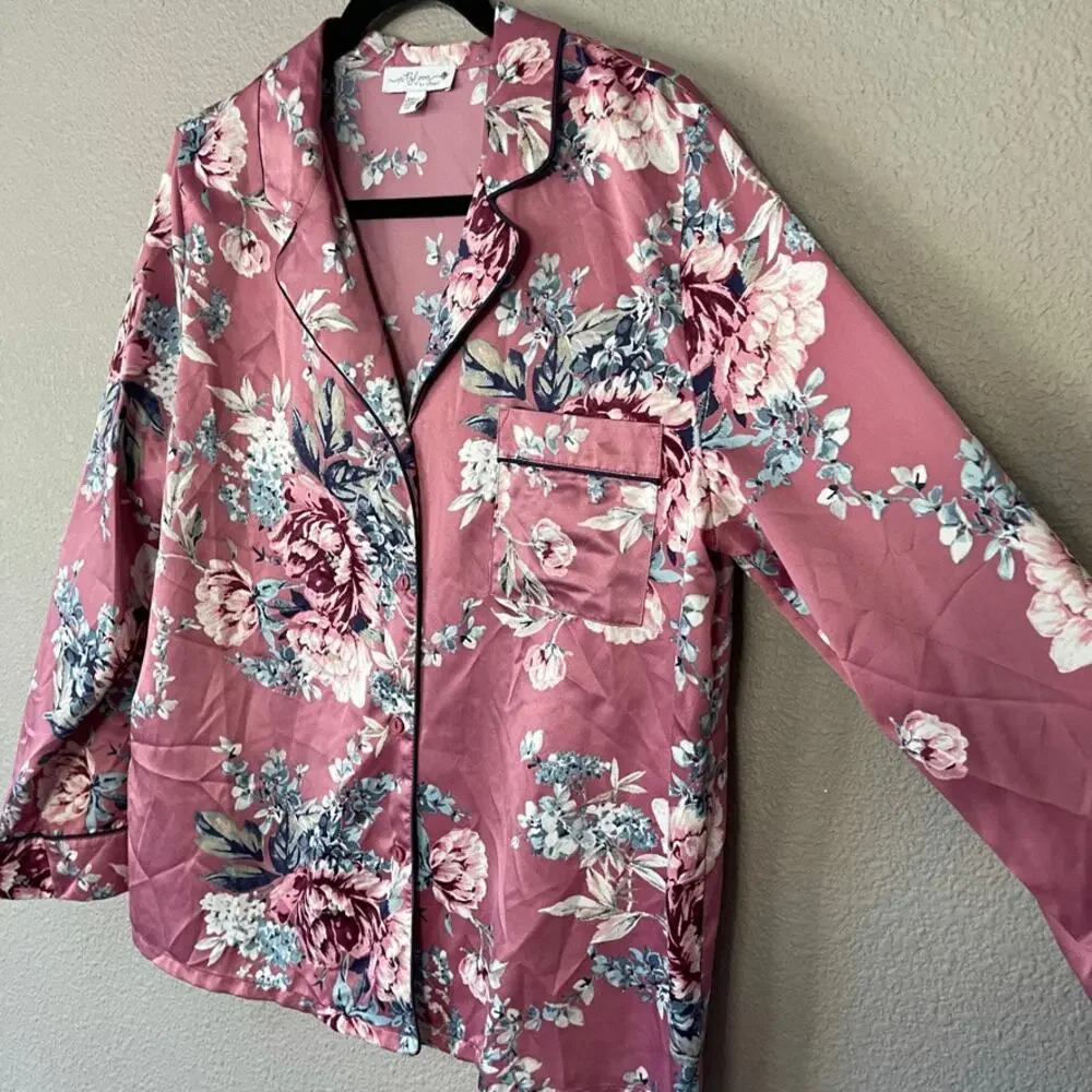 In Bloom by Jonquil Mauve Floral Sleepwear Satin Button Front PJ Shirt Large - Picture 2 of 6